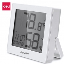 deli得力8813 LCD带时间闹钟 多功能电子温湿度计 婴儿房室内温湿度表