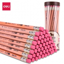 deli得力58177原木六角笔杆HB铅笔带橡皮头 学生素描绘图铅笔 50支/桶